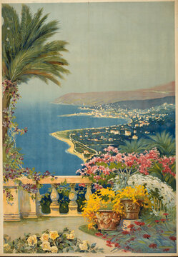 Vintage travel poster illustration of French Riviera Mediterranean coast viewed from a garden terrace with palm tree