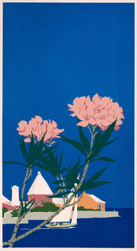 Vintage Art Deco travel poster featuring pink oleander flowers over coastal Bermuda houses and a sailboat