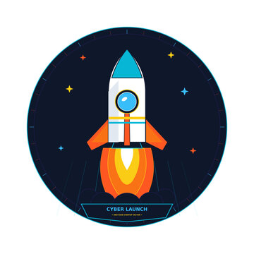 Cyber launch rocket spaceship starting up vector illustration emblem icon badge on dark blue space background with stars