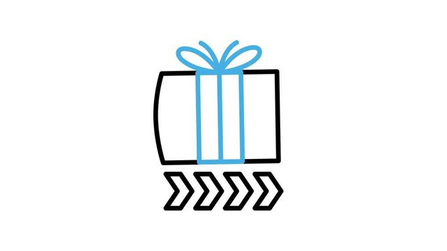Animated gift box delivery process icon. Cardboard, package or parcel with arrow animation video loops for shipping, shipment, packing, distribution. Motion graphics with alpha channel