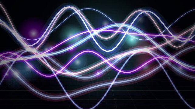 Glowing neon waves flowing across a dark grid background in a continuous looping motion