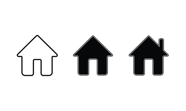 Minimalist house icon set, black outline and solid home symbol vector, real estate website navigation button set