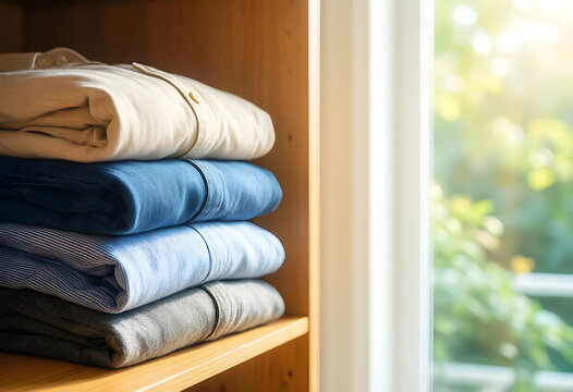 Organization and minimalism, stack of folded shirts on a wooden shelf in a bright room with natural sunlight for home lifestyle and wardrobe storage