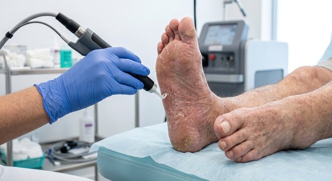 Podiatrist or dermatologist performing laser treatment on patient foot with severe hyperkeratosis and cracked heels