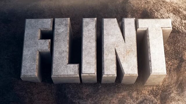 Large 3d flint letters emerging from dusty terrain with lighting