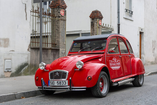 Nancy, France - July 27th 2019 : View on a red Citro&euml;n 2CV parked on a street.