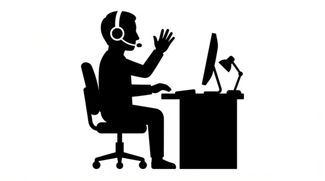 Call center agent silhouette working at computer desk with headset and microphone isolated vector illustration design element