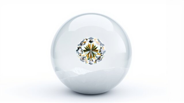 Crystal sphere contains brilliant cut diamond. Reflective surface, simple composition, elegant presentation. Minimalist studio shot.