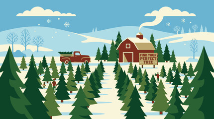 Christmas tree farm in a snowy landscape with a red barn and a vintage truck. © Gajah