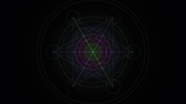 Abstract looping geometric patterns rotate slowly against a dark black background.