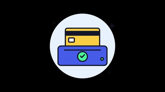 Credit card terminal icon displays a successful payment confirmation checkmark to indicate a secure financial transaction process for modern retail and digital commerce business environments.