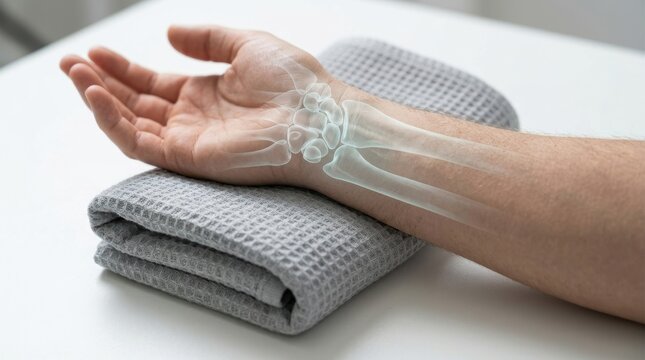 Human wrist anatomy illustration overlaid on a resting arm placed on a soft grey folded towel