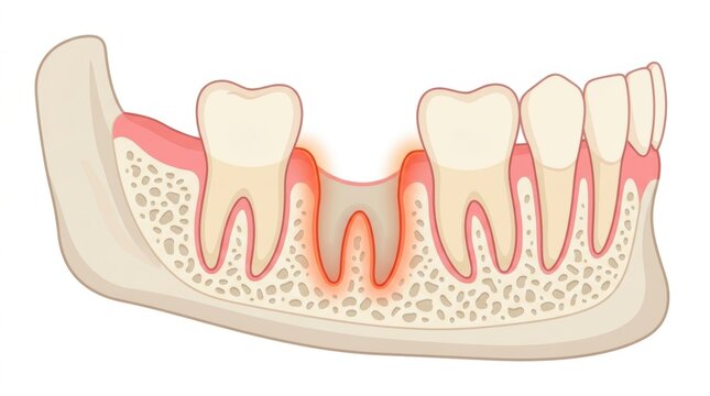 Medical illustration of a human jaw section showing a missing tooth and inflamed gum tissue area
