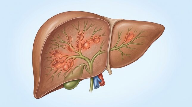 Medical illustration of human liver showing bile duct dilation and internal biliary obstruction