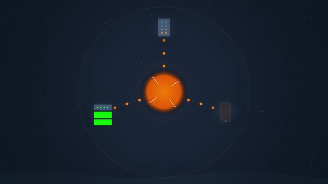 Digital data network visualization with central hub and server nodes
