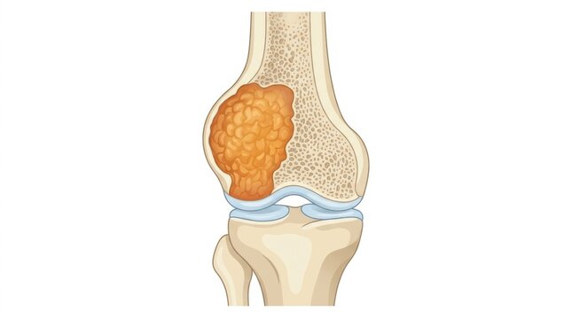 Medical illustration of a bone tumor located on the distal femur near the knee joint structure