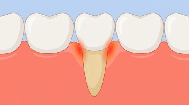 Medical illustration of gum recession showing exposed tooth root and inflamed gingival tissue