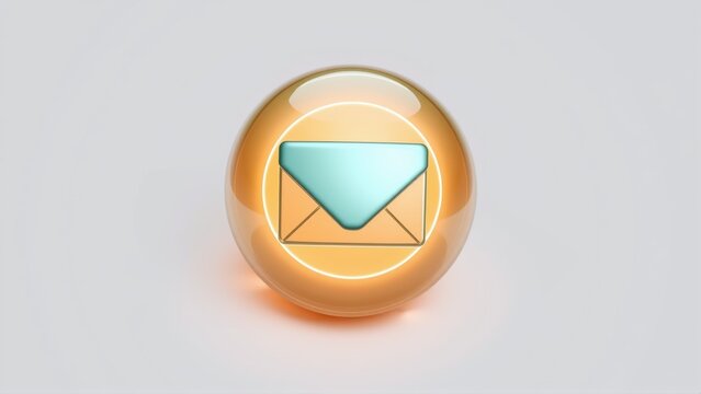 Glossy sphere contains envelope icon. Orange hues dominate design, reflecting light. Simple, clean visual communication element.