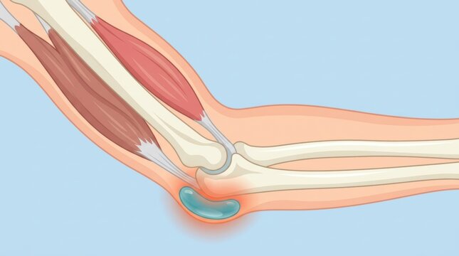 Medical illustration showing bursitis in the human elbow joint with inflammation and fluid sac