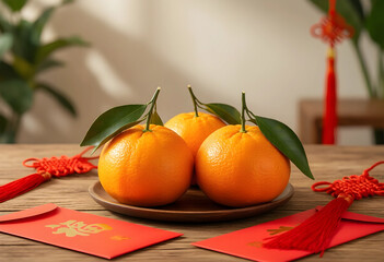 Fototapeta premium Lunar New Year celebration, fresh oranges and red envelopes on wooden table for prosperity and good fortune in traditional Asian holiday home decor