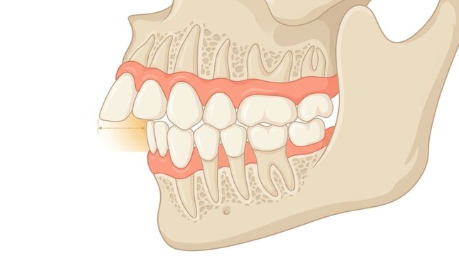 Medical illustration showing an overjet dental malocclusion in a human jaw profile view