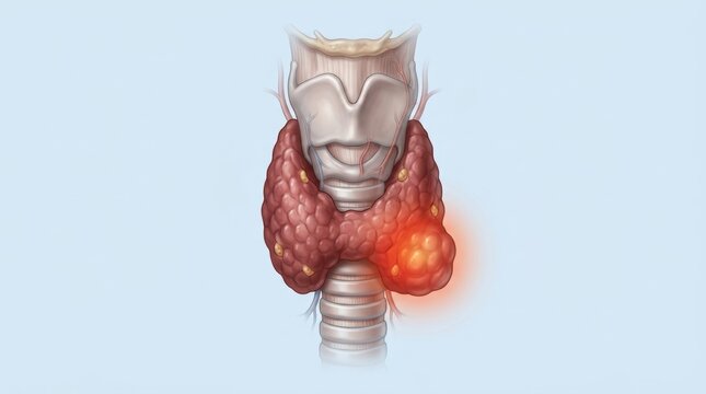 Medical illustration of a human thyroid gland showing a nodule or tumor on the left lobe section