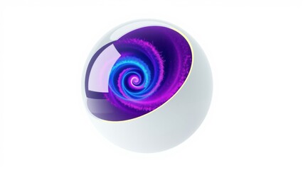 Fototapeta premium Bright sphere contains swirling purple galaxy. Glossy surface reflects light, creating dynamic visual effect. Minimalist design, cosmic theme.