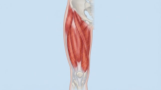 Anatomical illustration of the human thigh muscles showing the quadriceps and surrounding anatomy
