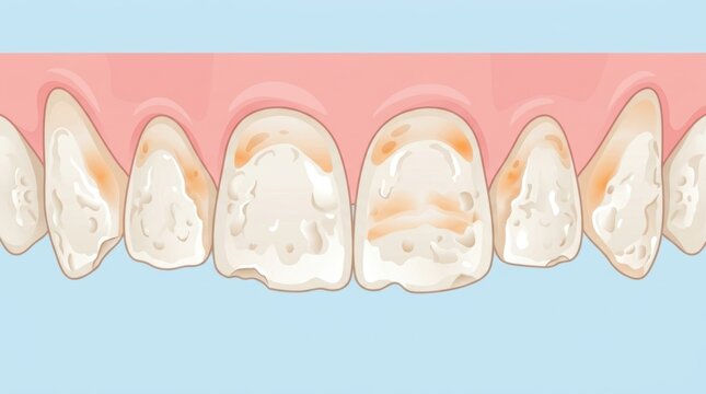 Illustration of human upper front teeth showing signs of dental erosion and enamel degradation