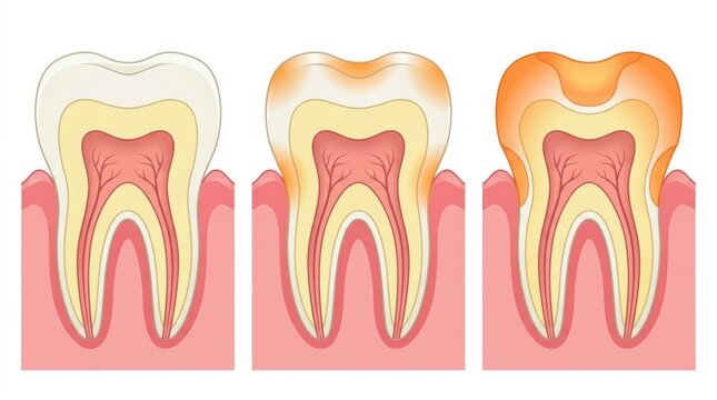Medical illustration showing the progression of tooth decay and enamel erosion in human molars