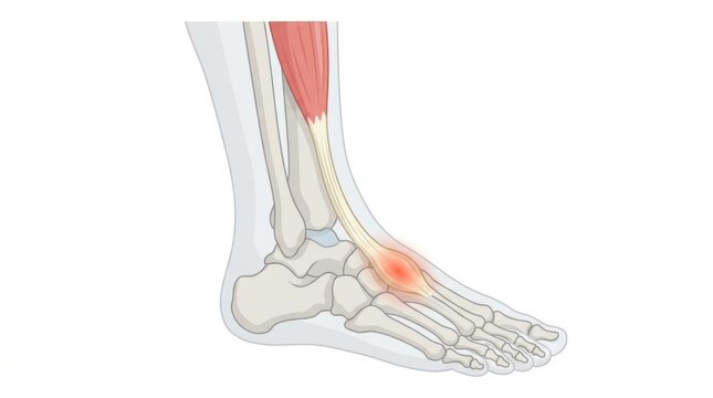 Anatomical illustration showing inflammation of the tibialis anterior tendon in the human foot