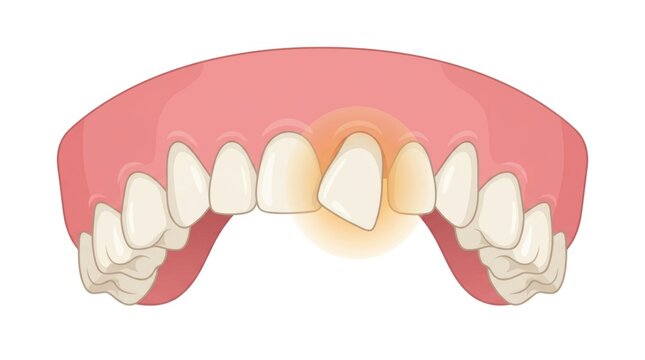 Illustration of misaligned upper teeth with a highlighted area showing dental inflammation issue