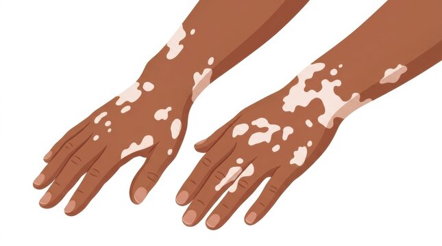 Illustration of human hands showing skin with vitiligo pigmentation on a plain white background
