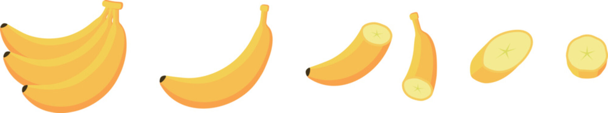 立体的なバナナの房とカットされた皮付きのバナナのイラスト素材セット