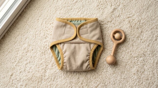 Reusable cloth diaper and wooden rattle on soft rug