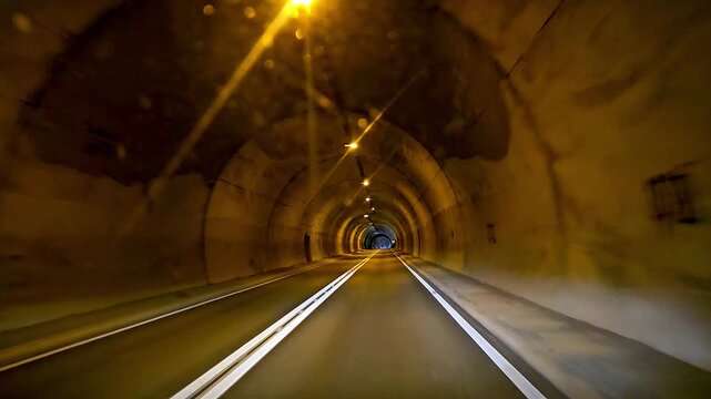 Horizontal slow motion b-roll of driving inside a long concrete mountain tunnel illuminated by yellow lights