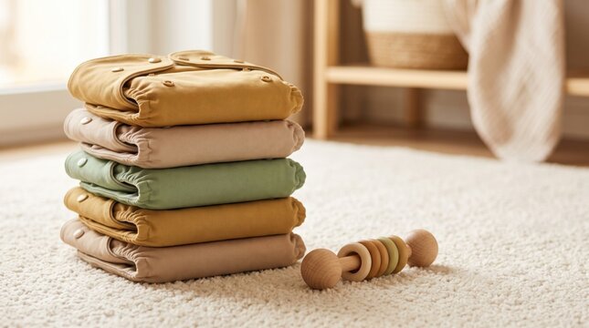 Sustainable cloth diaper stack and wooden baby rattle on rug