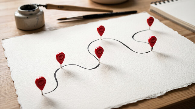 Red map location pins marking curved route path line upon textured watercolor paper placed across wooden desk beside ink calligraphy tools