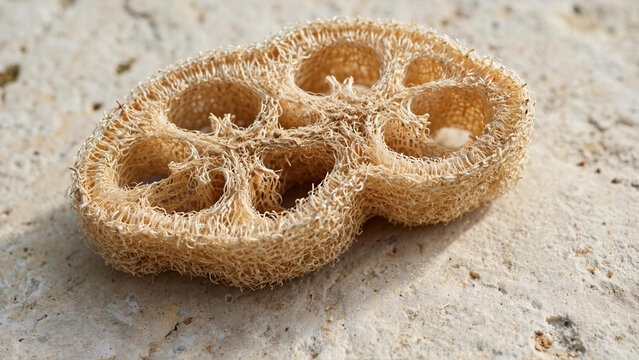 Conceptual illustration of natural loofah sponge slice on light stone texture