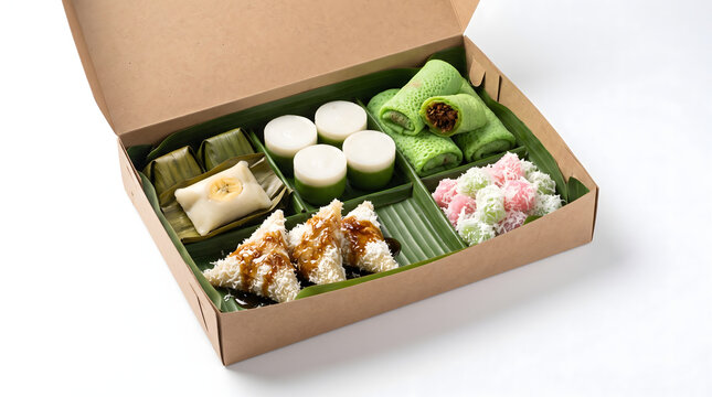 Traditional Indonesian snacks including nagasari food products in a cardboard gift box isolated on a white background