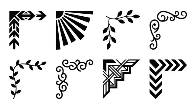 Vector illustration of set of decorative corner elements in different styles on a transparent background