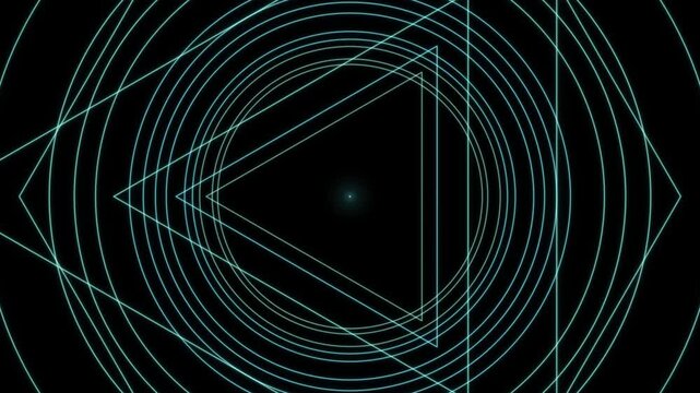 Looping blue geometric line art with interlocking triangles and concentric circles on a black background