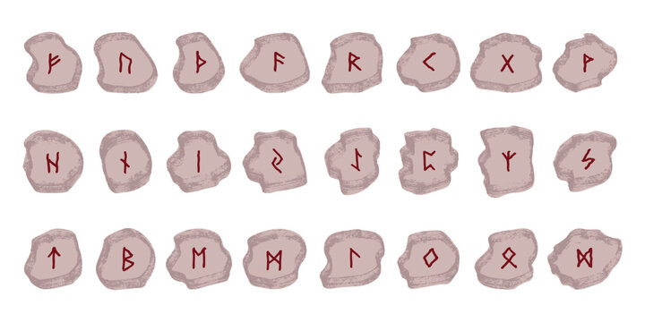 Set of hand drawn viking runes Rune stones with ancient norse alphabet characters engraved on them Scandinavian futhark germanic celtic Single element for design, print, web, decor