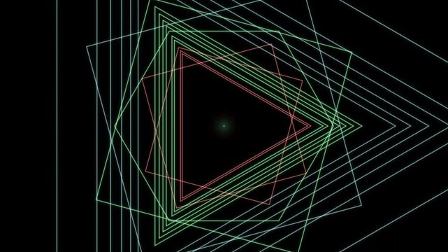 Overlapping colored triangle lines form a dynamic looping pattern against a solid black backdrop