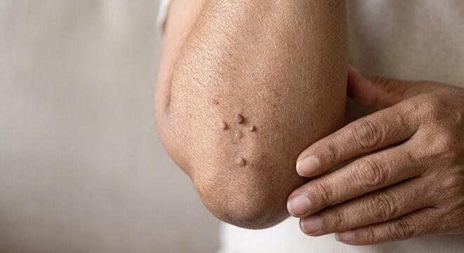 Macro view of multiple raised skin tags warts or benign papillomas on the elbow of an older patient