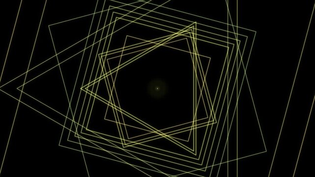Nested golden geometric lines form a looping spiral tunnel against a black background