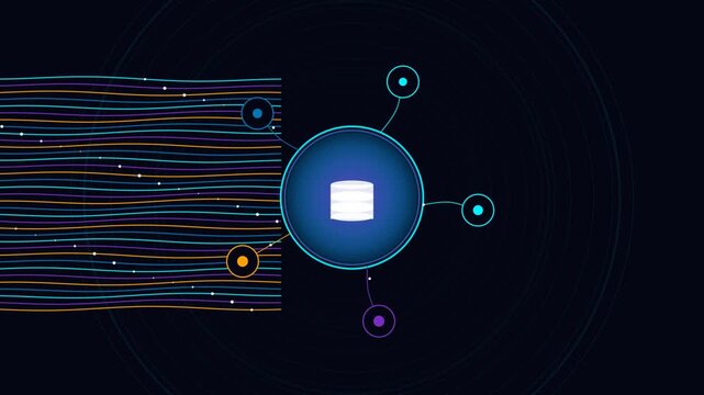 Abstract data center hub animation with flowing information streams and network connectivity nodes representing cloud storage and big data processing for modern tech presentations