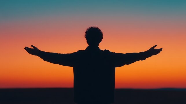 Silhouette of a person with outstretched arms against a vibrant sunset sky, evoking freedom and tranquility.
