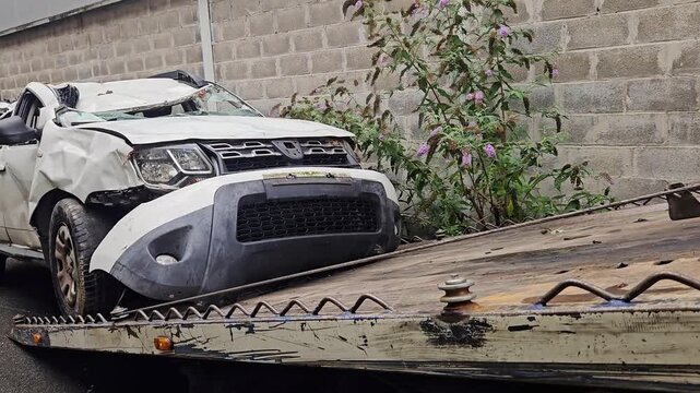 Wrecked white vehicle being loaded onto a flatbed tow truck. The car has severe frontal damage from a serious crash, showing a broken windshield and crumpled bodywork