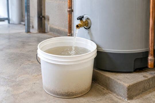 Cloudy water and sediment draining from water heater valve into white bucket - hard water tank flush service